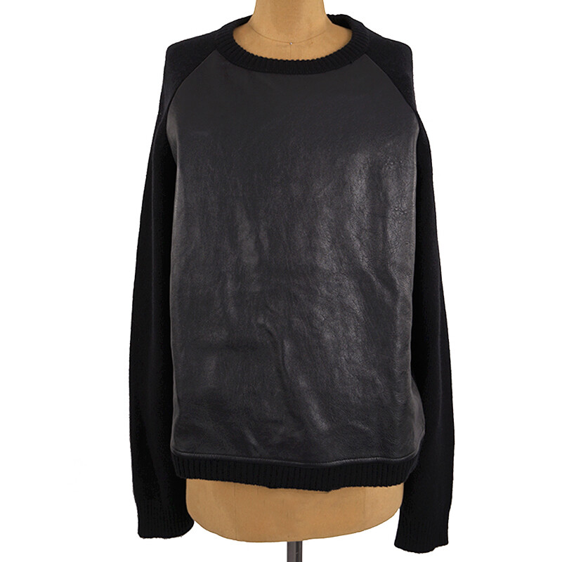 sz M NEW $1 690 SAINT LAURENT Men's Black LEATHER & Wool Cashmere Knit SWEATER