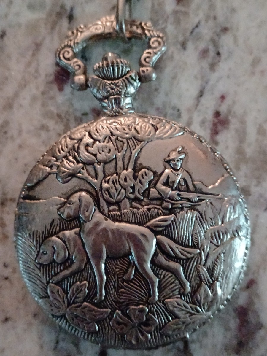 VINTAGE MILAN POCKET WATCH HUNTING DOGS WITH HUNTER SCENE with CHAIN