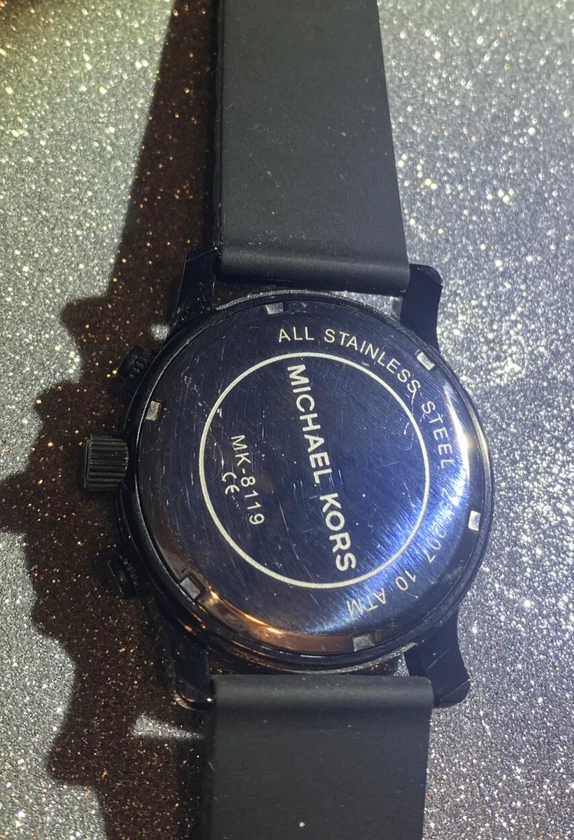 MICHAEL KORS RUNWAY BLACK SILICONE BAND BLACK STEEL DIAL CHRONO WATCH MK8119