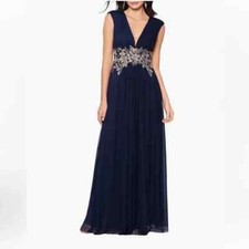 Betsy  Adam Navy Blue Gold Beaded Floral Embroidered Gown Size 12P 289