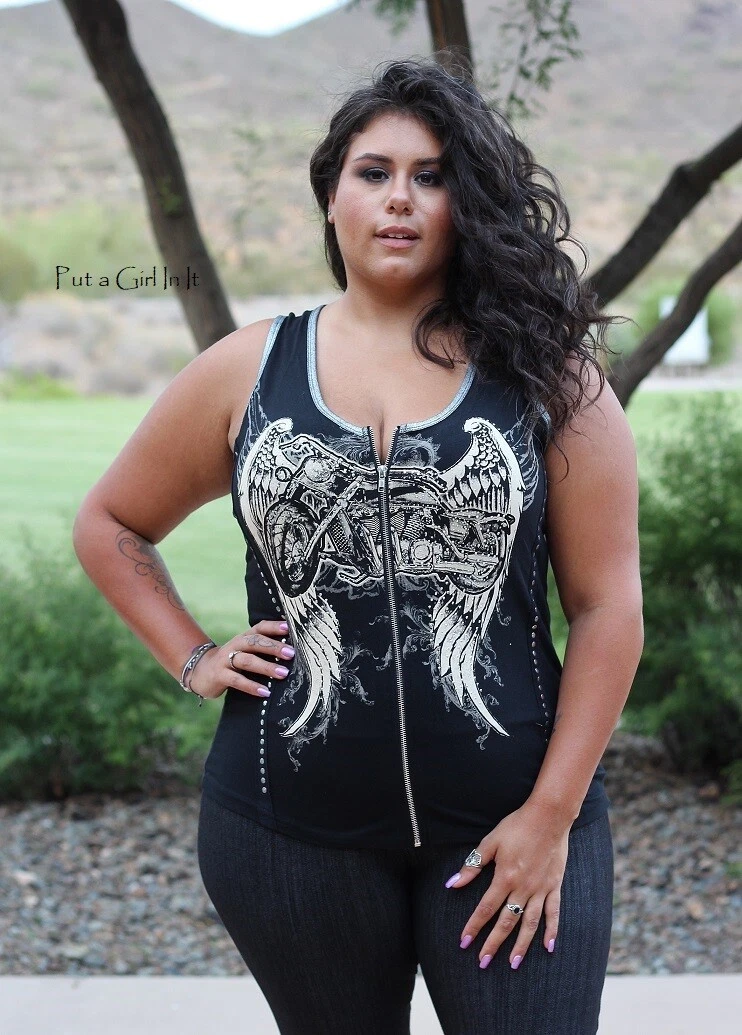 New PLUS SIZE Womens BLACK CRYSTAL WINGS MOTORCYCLE BIKER ZIP TANK TOP 1X  2X 3X