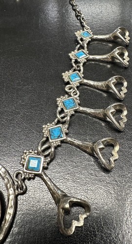 Vintage Squash Blossom Faux Turquoise Necklace, Not Sterling Silver 21” - Picture 3 of 13