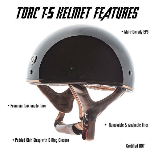 TORC T5 Fiberglass Cruiser 1/2 Half Shell Open Face Motorcycle Retro Helmet DOT - Picture 2 of 9
