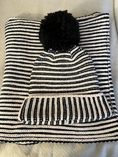 KATE SPADE STRIPED WINTER POMPOM HAT INFINITY SCARF SET NEW NO TAGS PINK BLACK