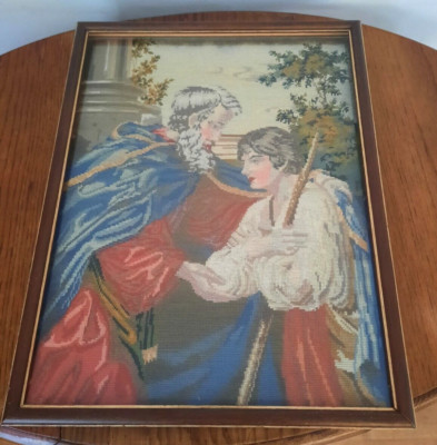 Antike gerahmte handgearbeitete Nadelspitze Wollarbeit Wandteppich Bibel Szene