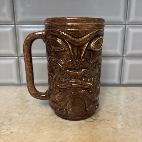 Vintage Cobalt Brown Ceramic 2 Faced TIKI Totem Stein Mug W/Handle 