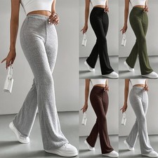 Ladies Ribbed Stretchy High Elastic Waist Pants Casual Flared Trousers Size 6-18