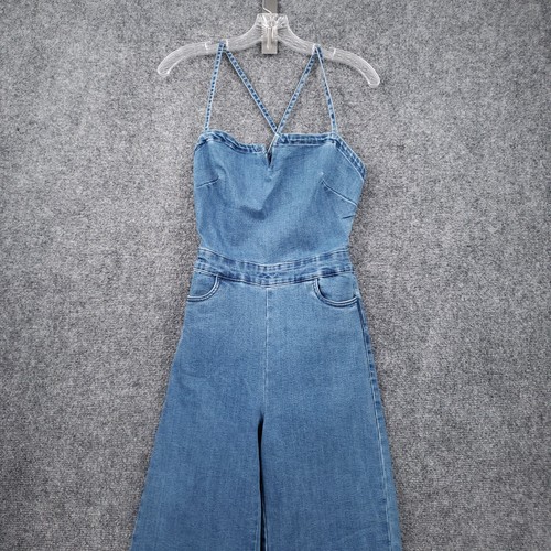 GUESS Mono Mujer S Pequeño Azul Una Pieza Denim Corte Cruzado Jean Pierna Ancha - Imagen 4 de 13