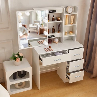 YAMISSI 10 Led Lights Makeup Desk Mirror Dressing Dresser Table Dresser White Vanity Set