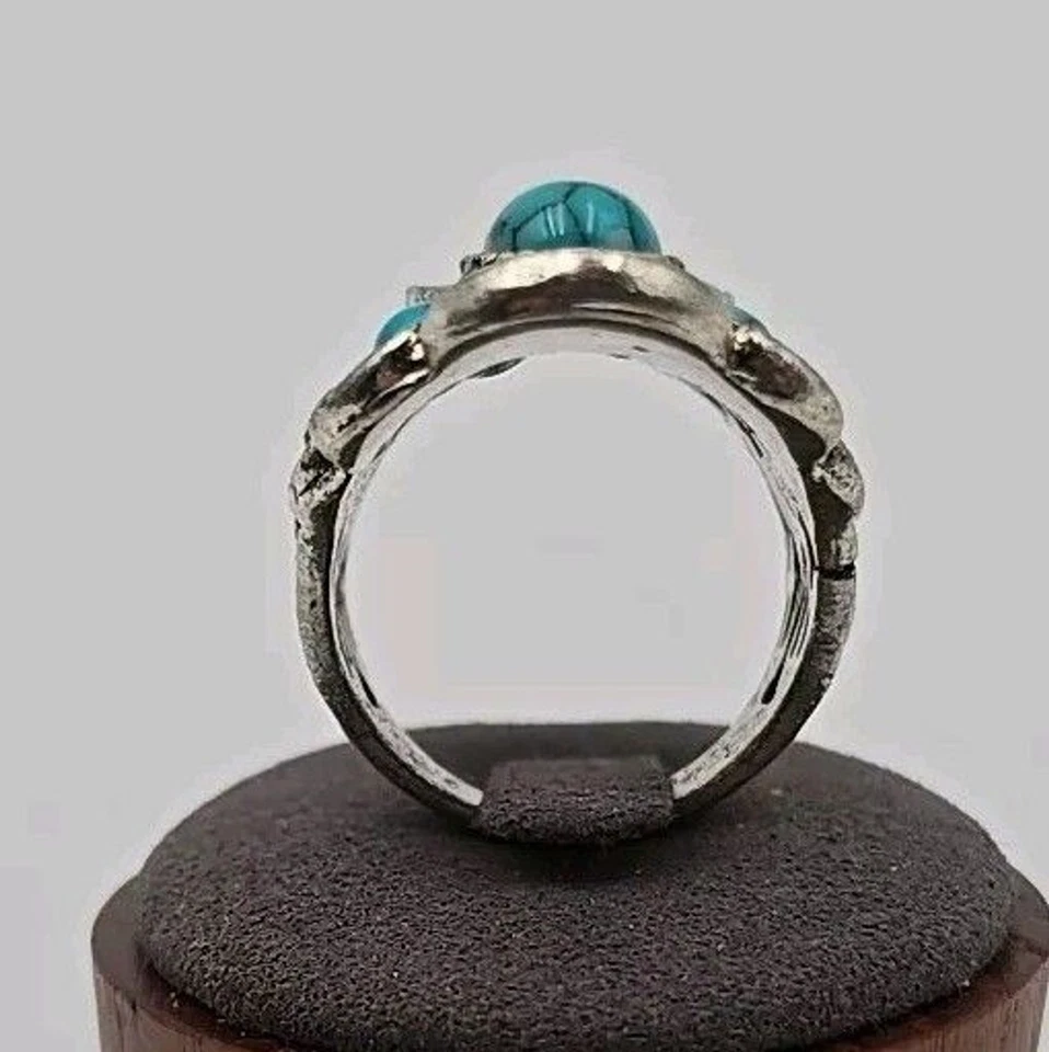 Anillo Simulado Turquesa y Ónix Negro Tono Plata Dedo Distintivo - Talla 10 Foto 3 de 4