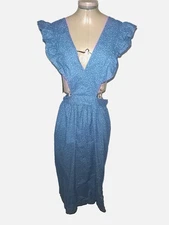 Blue & White Print Cottage Core Ruffled Apron Pinafore One Size