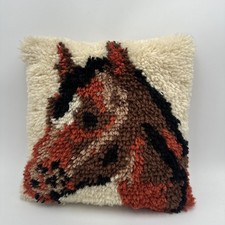 Vintage Latch Hook Rug Completed Horse Wall Pillow MCM 15x15