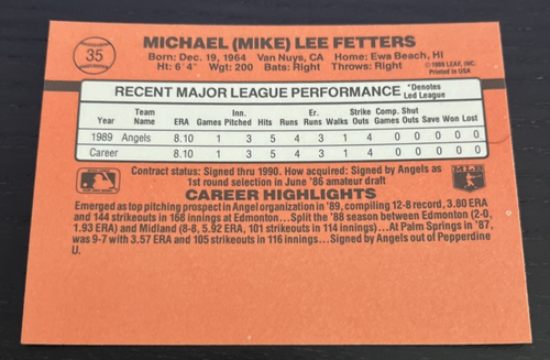 1990 Donruss - Mike Fetters - Rated Rookie - California Angels - #35 - RC - Bild 2 von 2