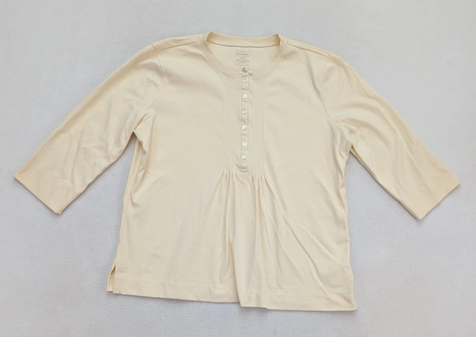 L.L. Top para mujer Bean talla PL beige crema manga 3/4 tejido elástico Henley Foto 2 de 4