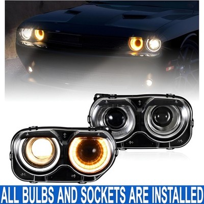 PAIR LED DRL Halo Projector Headlight W/ Bulb For Dodge Challenger SXT 2015-2023