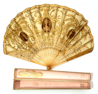 Antique French Marie Antoinette Tribute Fan By FAUCON in Original Box.