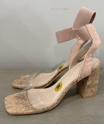Olivia + Kate Clear Heels Cork Wedge Powder Pink Ankle Size 8