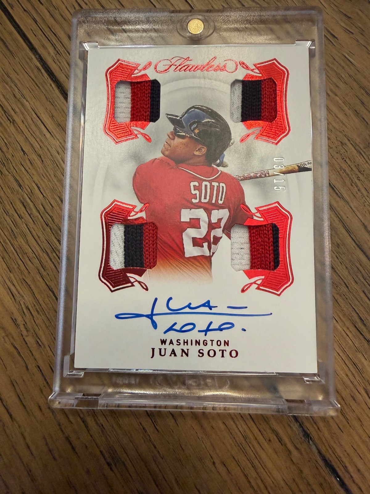 Juan Soto 2020 Flawless QUAD PATCH Auto Red 03/15 Tricolor QPS-JS Nationals