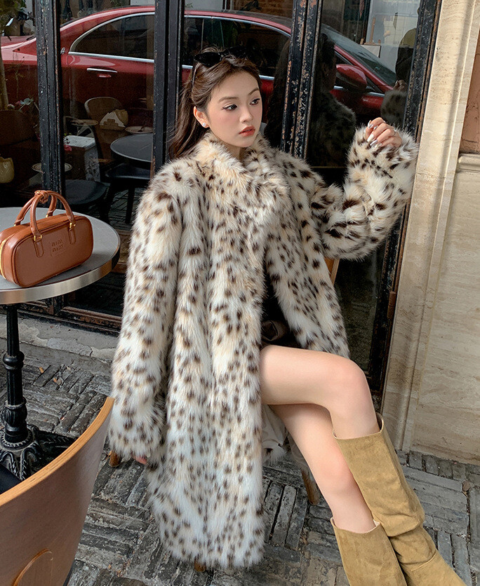 Retro Womens Leopard Print Faux Fox Fur Mid Long Coat