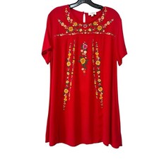 Umgee M Red Embroidered Floral Shift Dress Size M Short Sleeve Peasant Boho