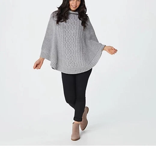 Aran Craft Merino Wool Cowl Neck Poncho Sweater Stone M New. Grey