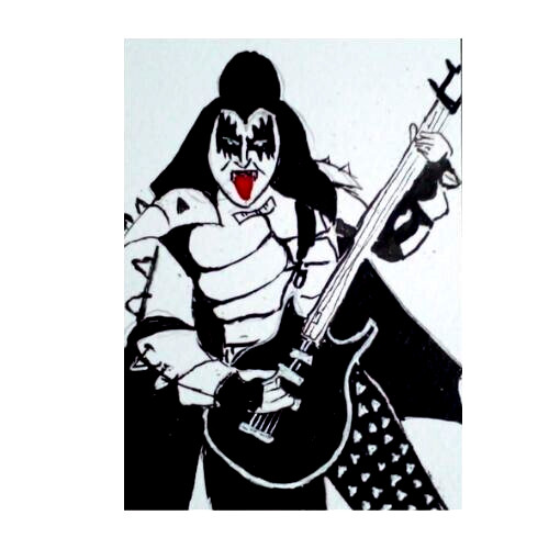 ACEO GENA SIMMONS Original Art Kiss Band Hand Painting Signed Small NEW