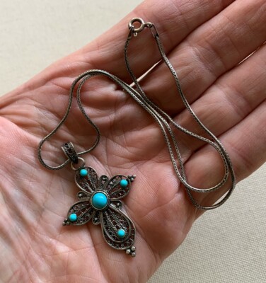 Vintage Filigree Cross Pendant Necklace Middle Eastern Bali Sterling Caviar 17 