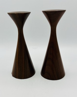 Pair MCM Turned Wood Candle Holders 1960s Vintage Atomic Danish Modern 6.5 