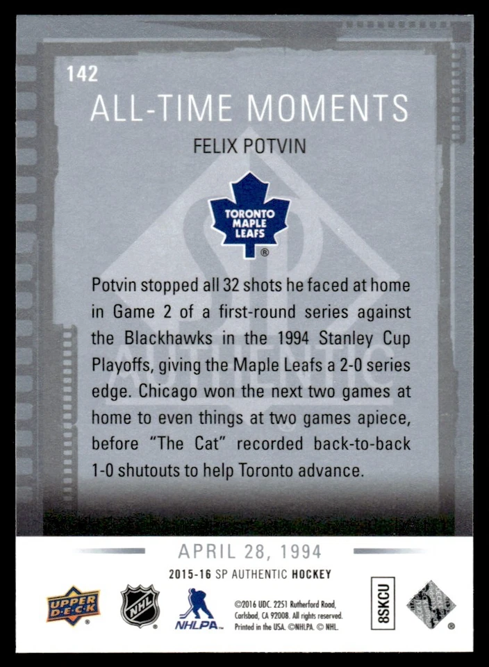 2015-16 SP Authentic Felix Potvin Toronto Maple Leafs #142 - Image 2 of 2