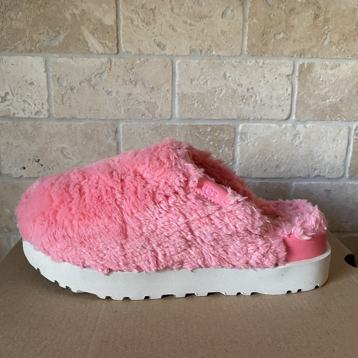 UGG FUZZ SUGAR JASMINE PINK WOOL / FAUX FUR FLUFF SLIDE SLIPPERS