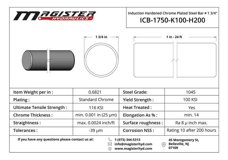 Varilla de acero cromado endurecido por inducción - 1 3/4" de diámetro x 48" de longitud, acero 1045 Foto 3 de 3