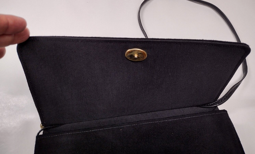 Vintage Black Leather Shoulder Bag Disco Style Purse Suede Crossbody Long Strap - Picture 4 of 12