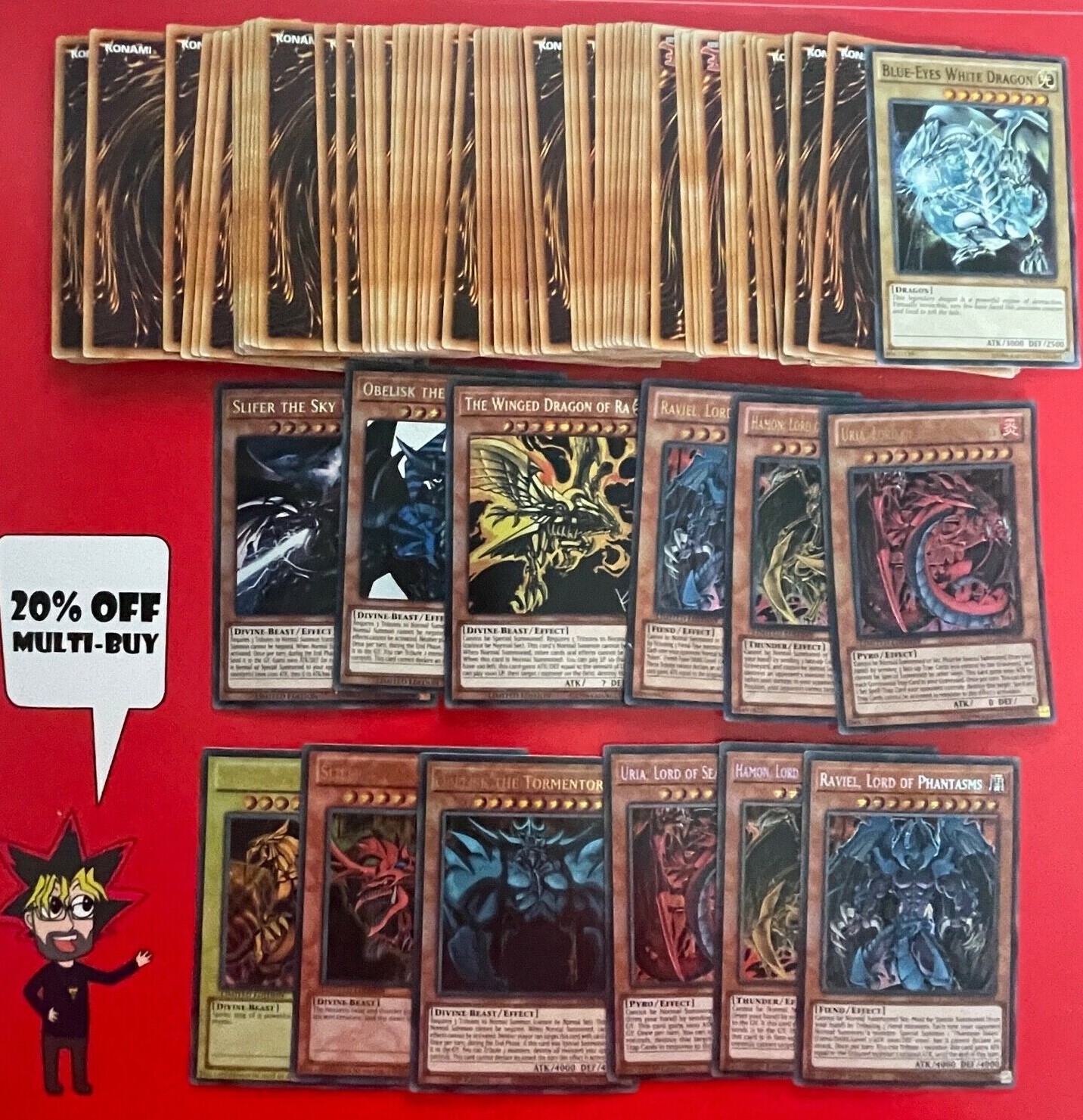 200 YUGIOH CARDS MONSTERS SPELLS TRAP INC 1 X GOD CARD OR BLUEEYES & 6