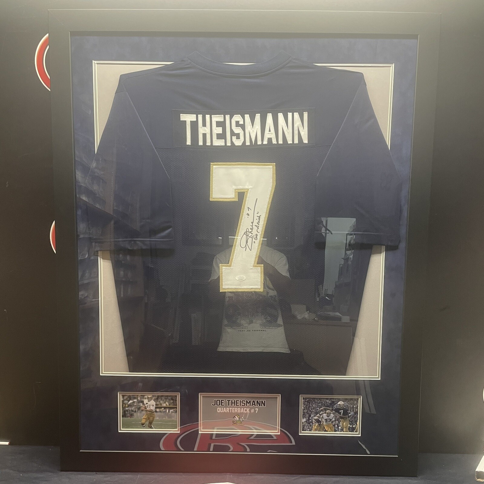 Joe Theismann Autographed Signed Notre Dame Fighting Irish Framed Notre Dame Irish Jersey 32x40 JSA COA 
