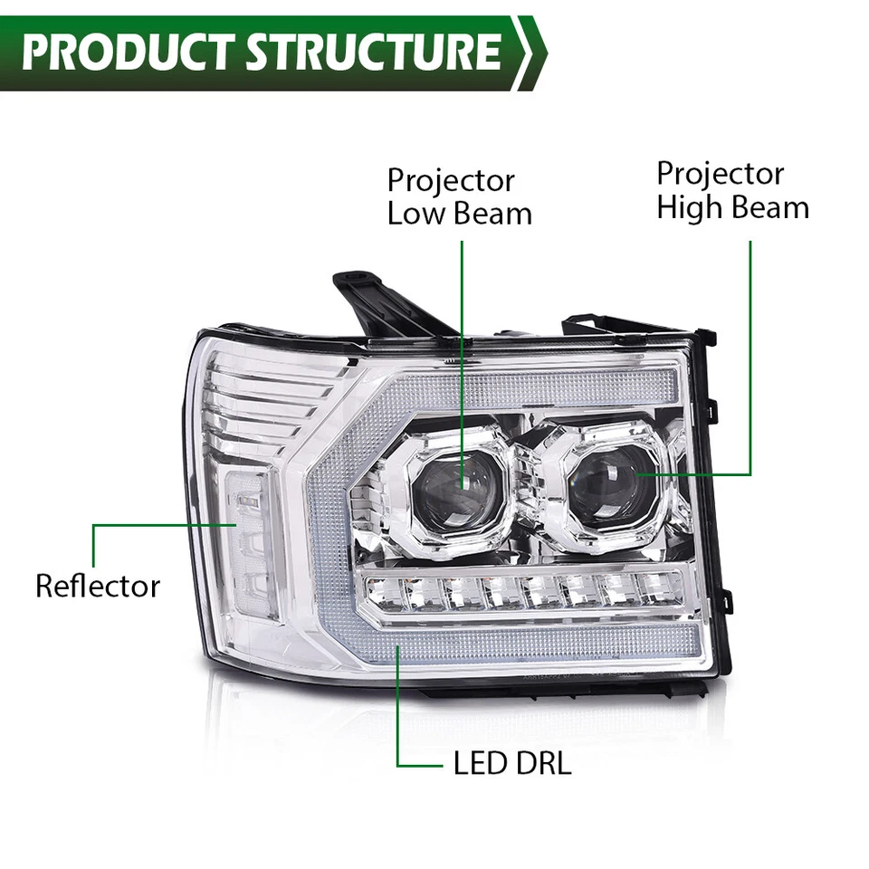 Хромированные светодиодные фары с двумя прожекторами подходят для 07–14 GMC Sierra 1500 2500 3500 - Изображение 2 из 4