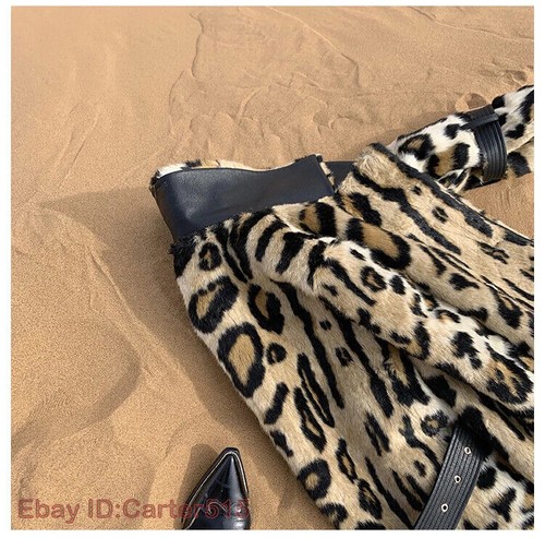 Long Leopard Print Warm Fluffy Faux Fur Trench Coat Long Sleeve Double Breasted - Picture 17 of 25