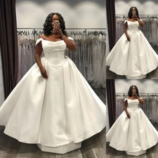 White Ivory Satin Wedding Dresses A Line Off the Shoulder Plus Size Bridal Gowns