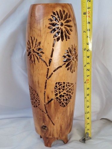 Handmade Red Cedar Wood Vase 8.5" Footed Signed Art with carved flower cutouts - Picture 5 of 12