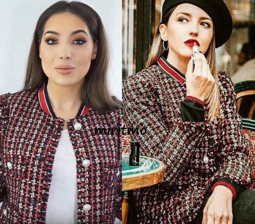 A961 ZARA RARE BLAZER WITH STRIPED DETAIL RED NAVY TWEED JACKET COAT - XS - Picture 3 of 16