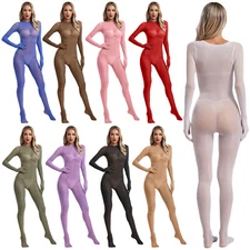 Womens Full-body Gloved Bodysuit Footed Jumpsuit Thong Clubwear Soft Catsuit