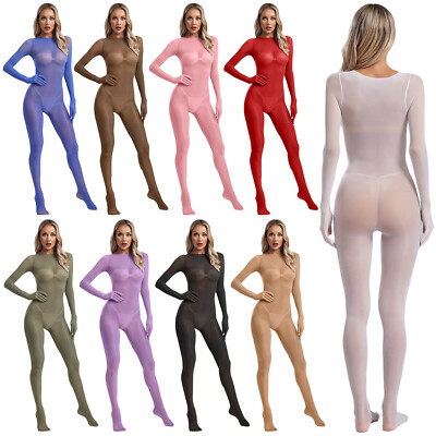 Womens Full-body Gloved Bodysuit Footed Jumpsuit Thong