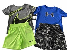 NWT NIKE  UNDER ARMOUR BOY'S 4 PC GRAY BLUE SHIRTS LIME GRAY SHORTS SETS 4T 80