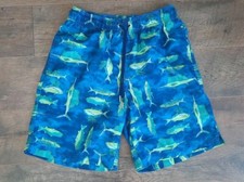 Land's End Men's Size S 28-30 Swim Shorts Trunks Blue Fish Print 7.5" Inseam