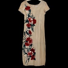 Vintage YOUNG HAWAII Long Sheath Floral Barkcloth Hawaiian Dress Sz S Small