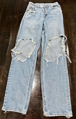 American Eagle Highest Rise Baggy Straight Jeans Womens 0 Medium Wash Distressed