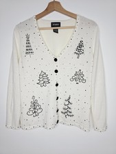 VTG Designer Original Studio Womens White Christmas Cardigan Beaded Trees Size M