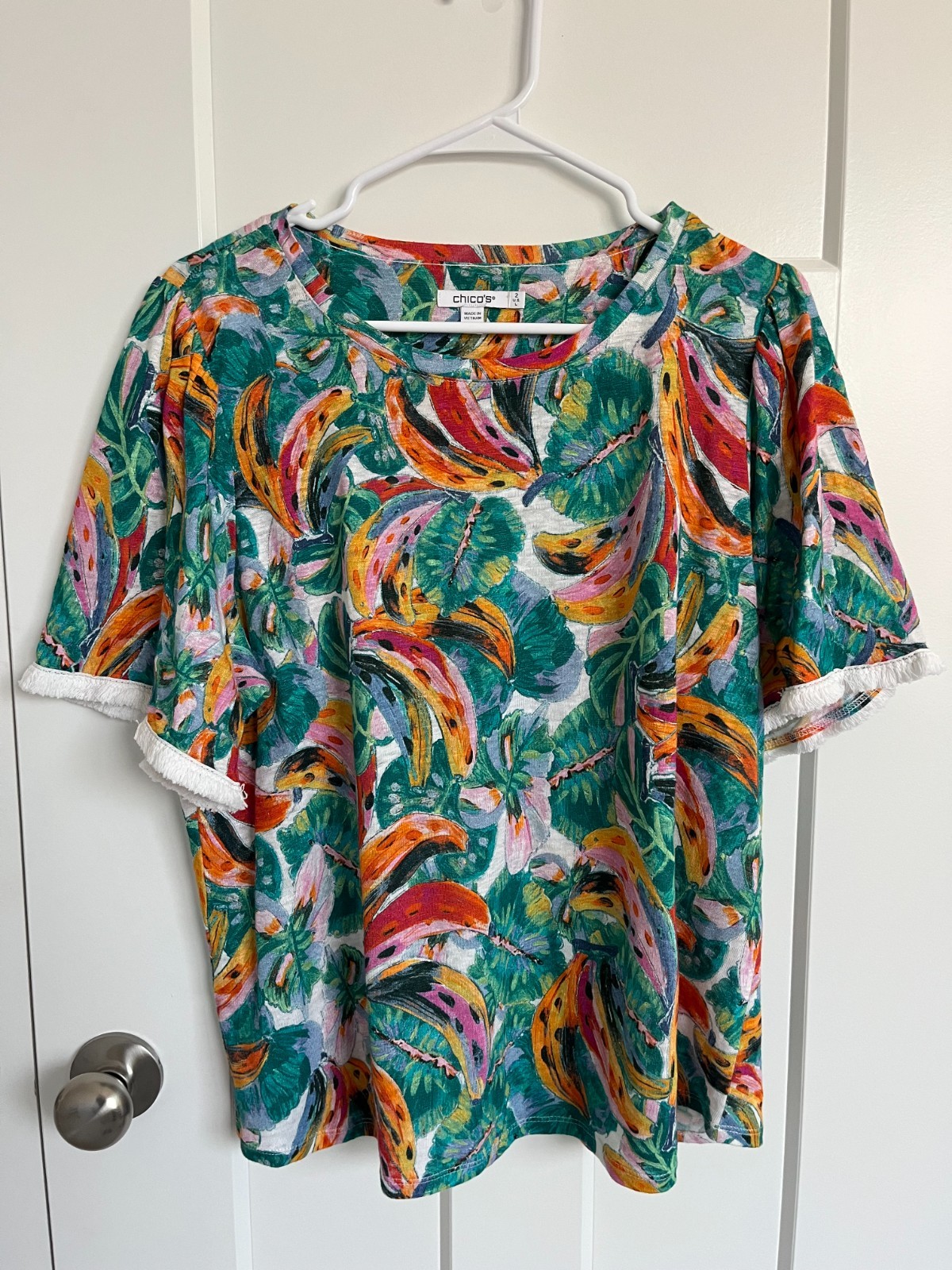 Chico’s 100% Linen Tropical Print Top Women’s Size 2 Large Short Sleeve Cruise