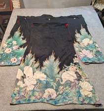 Vintage Japanese Kimono Womens One Size Black Silk Crane Robe Floral 1930s