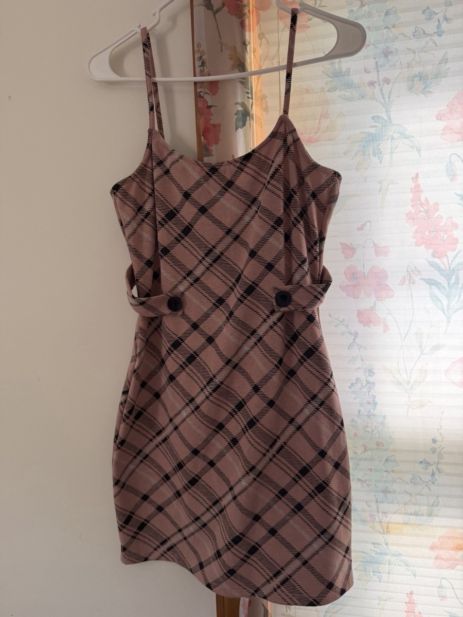 Pink Black Plaid Sleeveless Strappy A-Line Mini Dress with Button Accents | eBay Pink Black Plaid Sleeveless Strappy A-Line Mini Dress with Button Accents | eBay