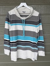 T by Talbots Cowl Neck Blue Gray Stripe Pullover Long Sleeves Knit Sweatshirt PL
